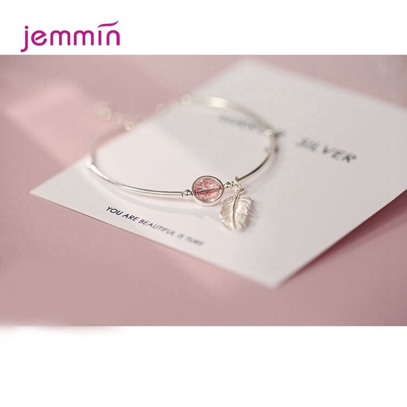Женский браслет с перьями в винтажном стиле из стерлингового серебра 925 пробы с розовым камнем клубники, регулируемые браслеты