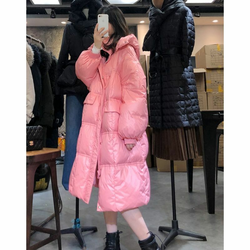 2020 nova jaqueta de inverno feminino com capuz gola com zíper solto longo cor pura quente casual para baixo jaqueta