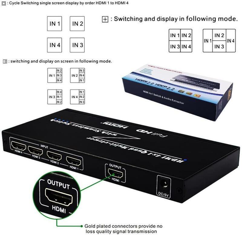 HDMI 4x1 쿼드 스크린 멀티 뷰어 심리스 스위처 4 포트 4 방향 이미지 분배기 HDCP 1.2 PS4 PC DVD 용 1080p 지원