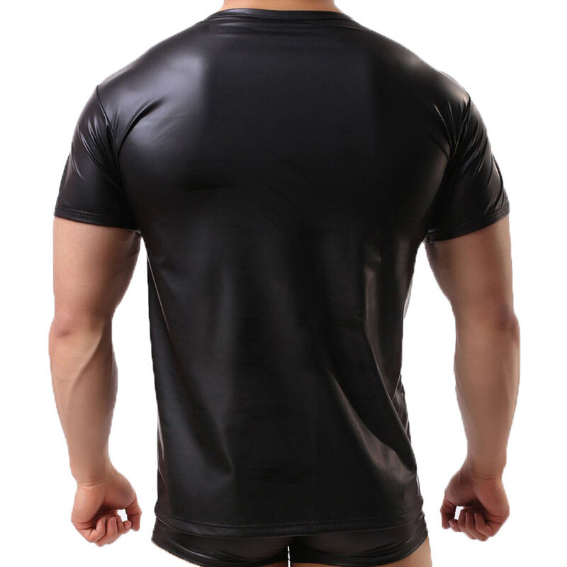 Męskie koszule Faux Leather t-shirty z krótkim rękawem PU skóra Sexy topy Fitness Gay lateksowa koszulka Gay Stage Tee Sexy odzież klubowa