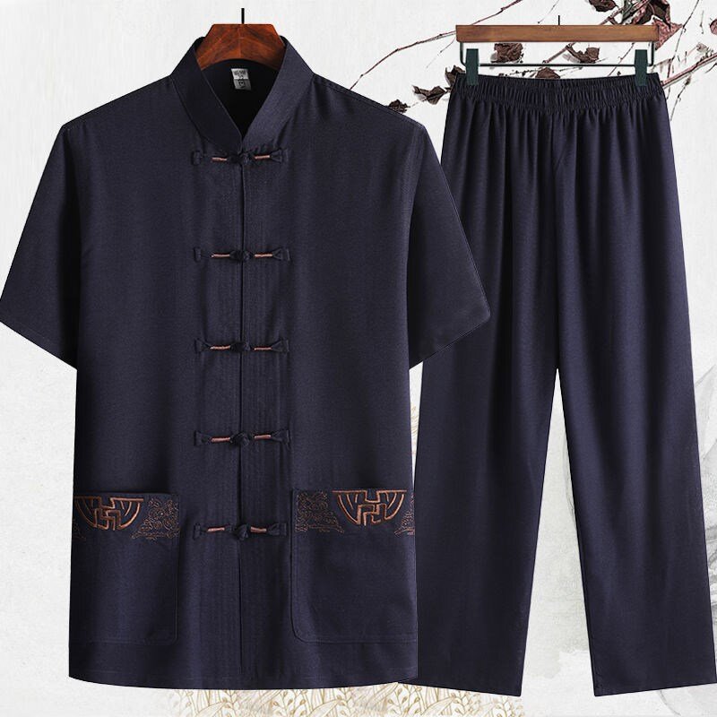 Conjunto de roupas tradicionais chineses, roupas para homens adultos tai chi kung fu, uniformes de linho com manga curta, bordado, trajes casuais chineses
