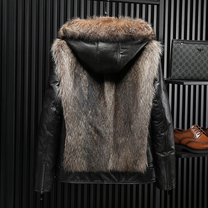 LUHAYESA – manteau en fourrure de raton laveur 2021 naturelle pour homme, veste décontractée en cuir de mouton, mode hiver 100%