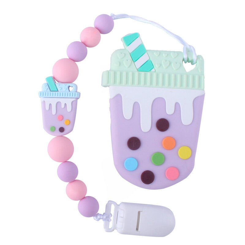 Kissteether 1set Milk Tea Cup Silicone Teether Toy and Soother Pacifier Holder Clip Chain Best Newborn Shower Molar Product Gift