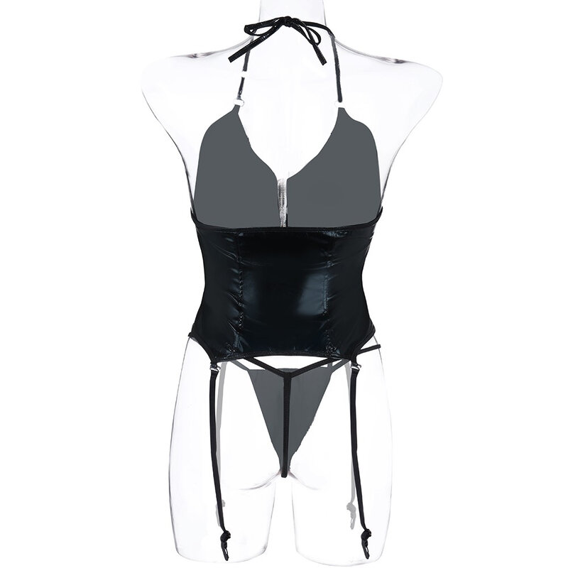 Lingerie Bodycon Patchwork Jaring Kulit Wanita Stoking Badan Kostum Pakaian Klub Bodysuit Tari Potongan Pinggang Tiang untuk Wanita