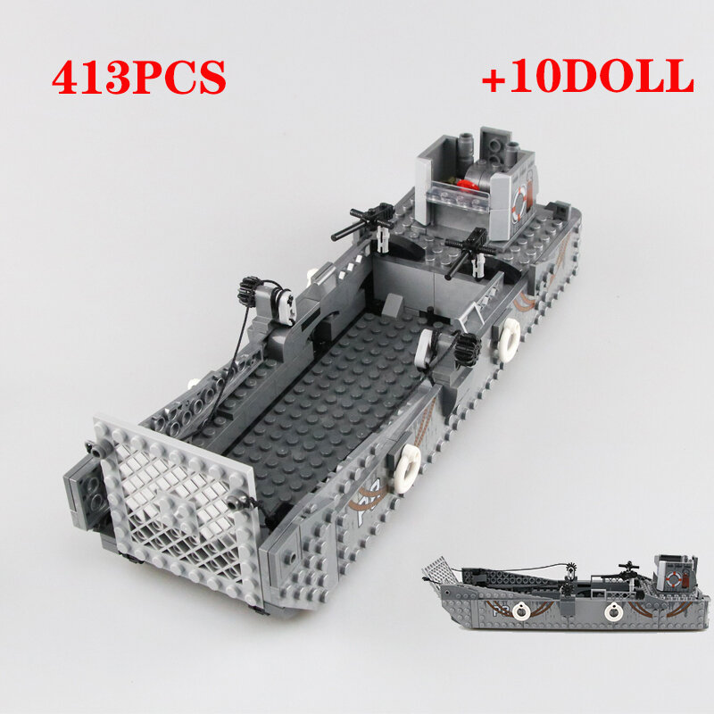 WW2 Military USA LCM3 Landing Boat Building Blocks USA Military navy soldiers Figures weapon Bricks Toys For children Gift