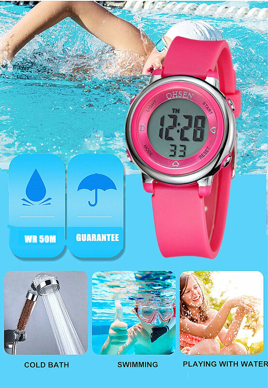 OHSEN 스포츠 어린이 시계, 방수 화이트 실리콘 전자 손목시계, 어린이 스톱워치, 소년 소녀용 디지털 LED 시계, 50m