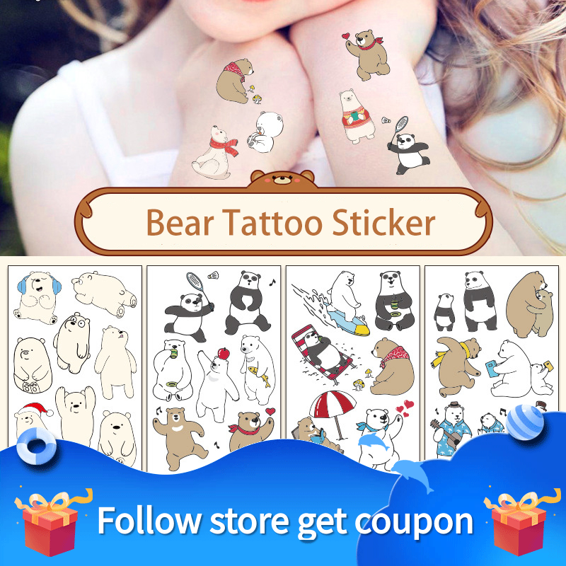 12 pçs das crianças etiqueta da tatuagem urso temporário transferência sweatproof à prova dsweatágua dos desenhos animados arte do corpo animal braço perna do miúdo brinquedo presente da menina