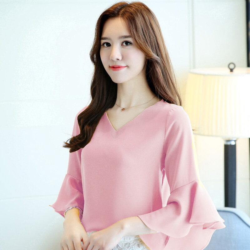Korean Chiffon Women Blouses Shirt Woman Butterfly Sleeve Shirtplus Size Tops Woman V-neck Solid Blouse Blusas Mujer De Moda OL