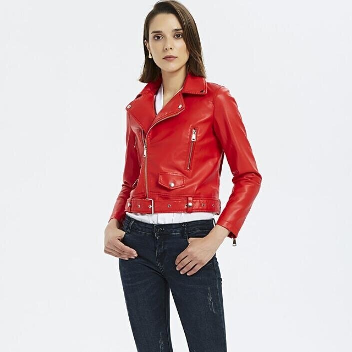 Куртка женская из искусственной кожи, Модный приталенный Байкерский пиджак из искусственной кожи, черная красная, на весну-осень
