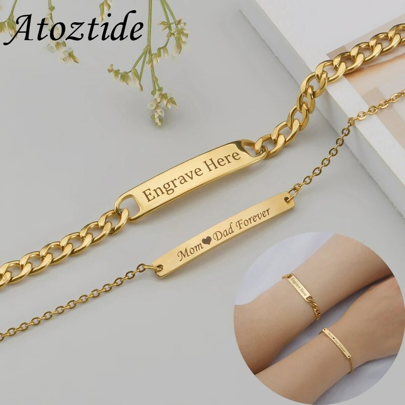 Atoztide Custom Naam Bar Naambord Paar Armband Roestvrij Staal Voor Mannen Vrouwen Verstelbare Link Chain Gepersonaliseerde Sieraden Gift