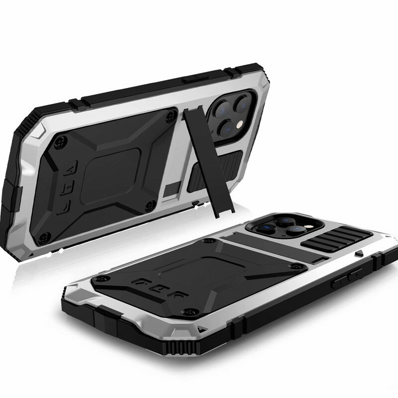 Kính Cường Lực Chân Đế Ốp Lưng iPhone 13 12 11 Pro Max XS Max X Chống Sốc 360 Bảo Vệ Toàn Thân Vỏ Kim Loại cho iPhone 12Mini