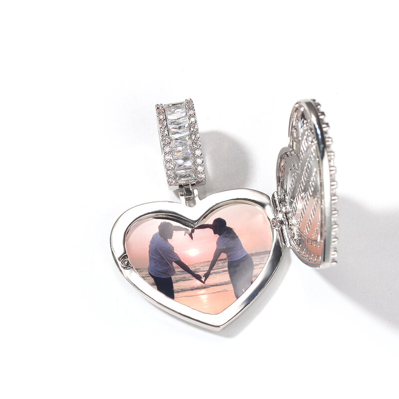 Il re BLING di grandi dimensioni a forma di cuore personalizzato foto medaglione cornice pendente Tennis memoria gioielli per coppia regalo di san valentino