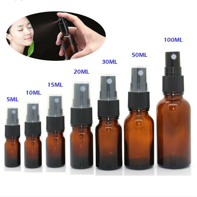 Botella pulverizadora de vidrio ámbar de 5-100ML, Mini botellas portátiles de Spray de niebla de aceite esencial, contenedor de viaje, botellas de Perfume recargables