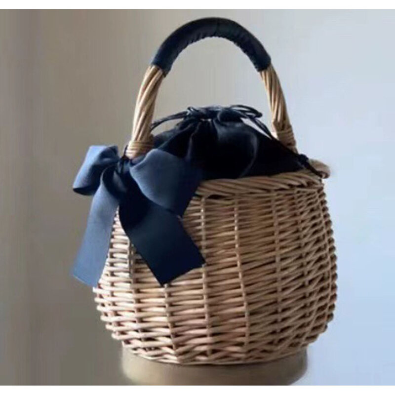 Handmade Rattan torebka wiadro lato tkane torby słomiane dla kobiet 2021 Bowknot Knitting Ladies torebka plażowa skrzynki Rafia Bolso Verano
