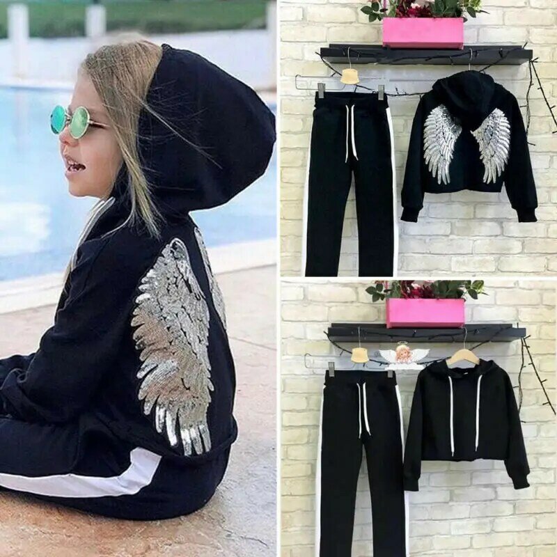 2019 Toddler Baby Girl Winter Clothes Sets Wings Sequined Hooded Tops+Long Pants Outfit Tracksuit