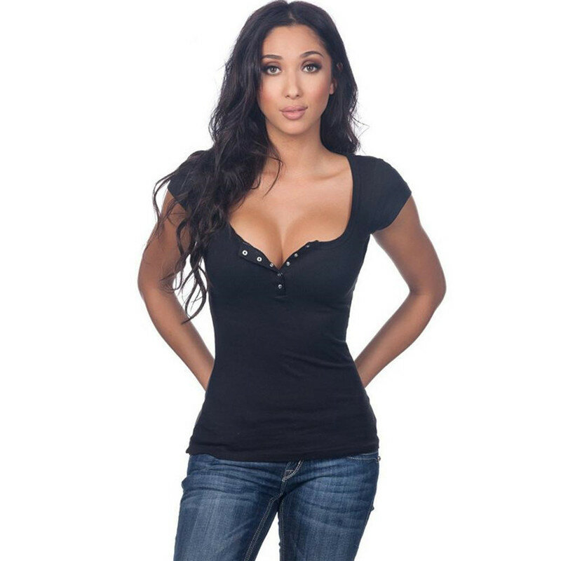 Verão manga curta sexy camiseta feminina topo profundo decote em v botão design fino cor sólida preto branco t casual novo frete grátis