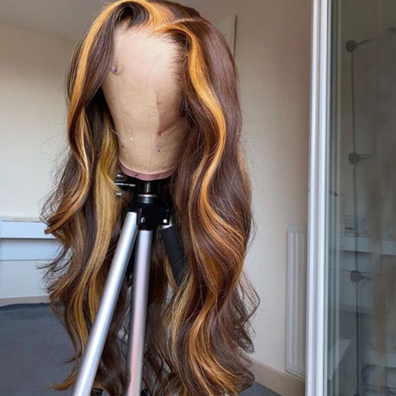 Perruque Lace Front Wig naturelle body wave 28 pouces, cheveux humains, perruque Lace Front Wig transparente, pre-plucked, noeuds blanchis, à reflets