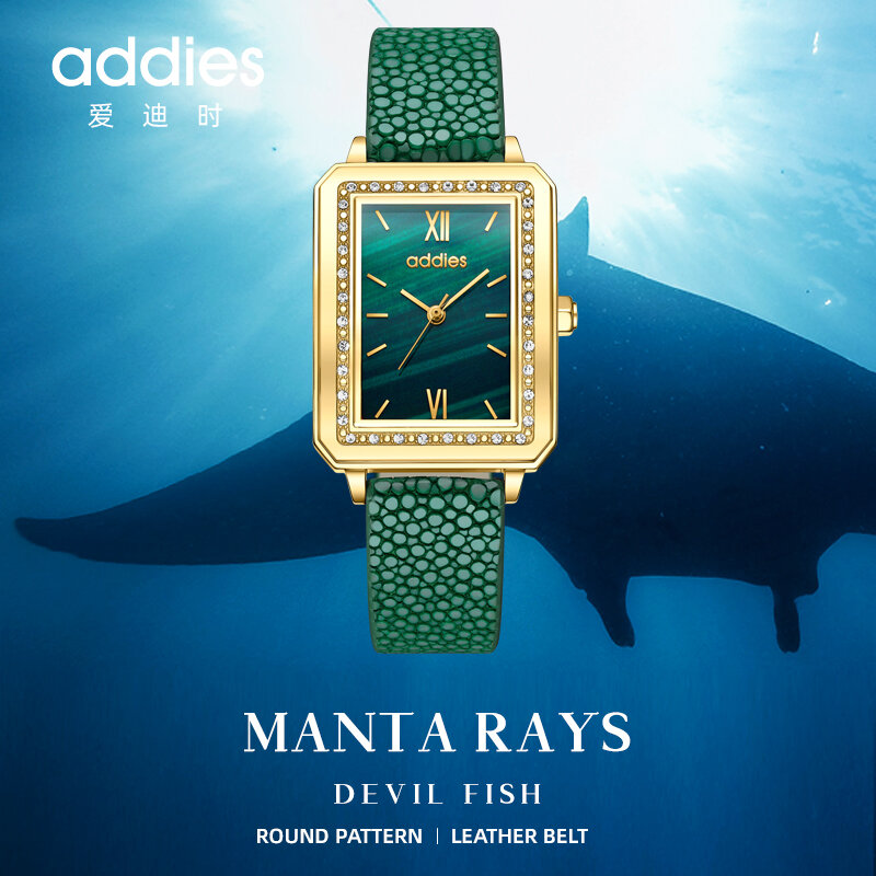 ADDIES marka kobiety zegarek ze stali nierdzewnej Fashion Square Ladies zegarek kwarcowy zegarek na pasku zielona tarcza prosty złoty luksusowy zegarek damski