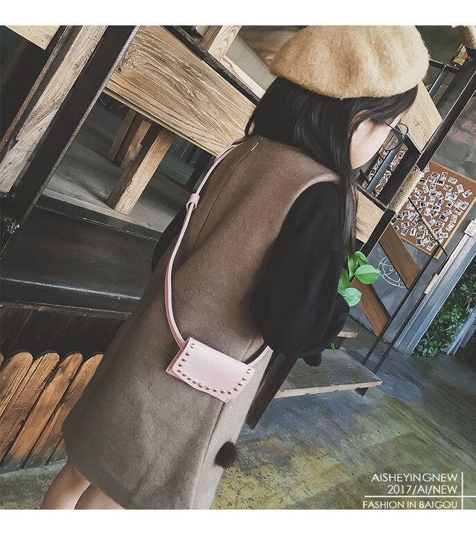 어린이 가방 미니 스퀘어 가방 리벳 패션 파우치 키즈 소녀 귀여운 허리 팩 한국어 어깨 메신저 가방