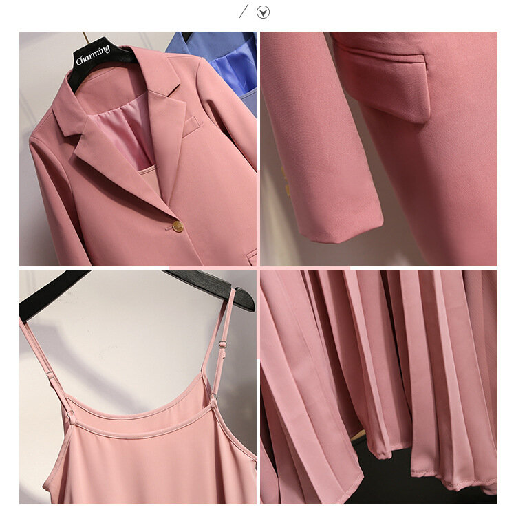 기질 레이디 정장 드레스 세트 19 새로운 우아한 전체 슬리브 핑크 재킷 캐주얼 pleated 스트랩 드레스 투피스 양복 고품질