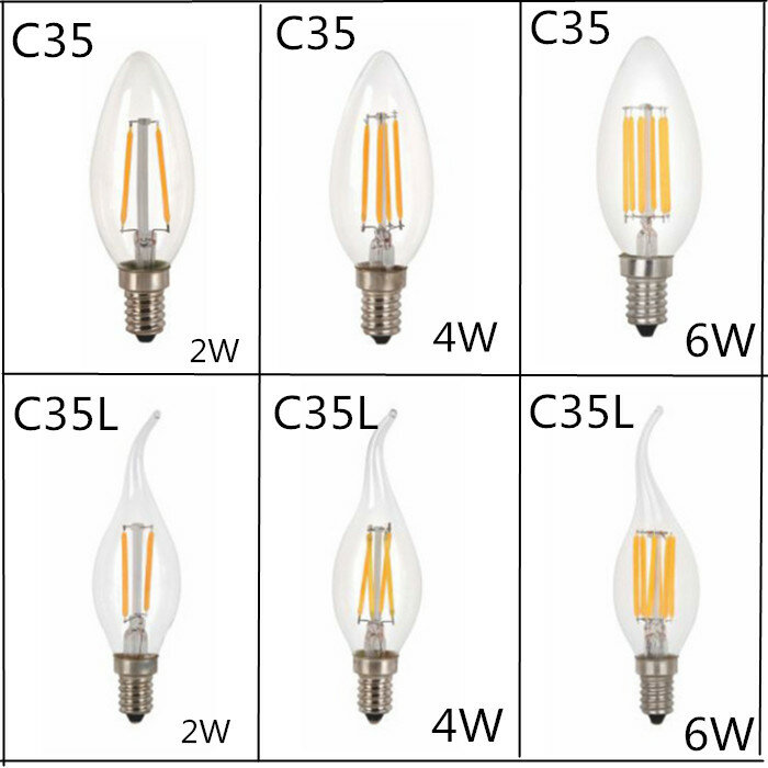 Bombilla LED E14 de 10 piezas, CA 220/110V, 2W, 4W, 6W, filamento de luz de vela, C35, Edison, Retro, antiguo, Vintage, blanco frío, blanco cálido