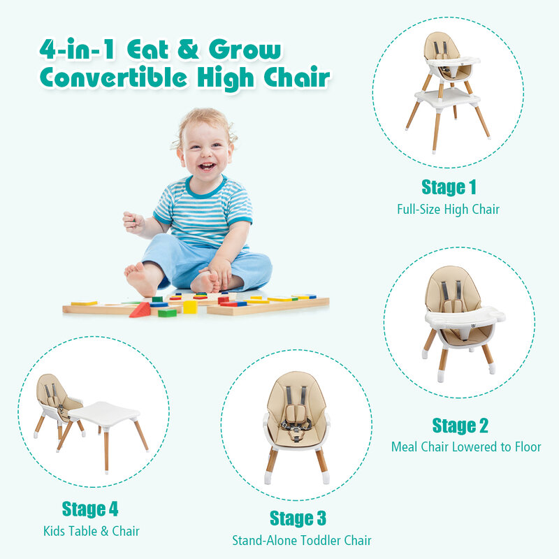 Cadeira alta infantil 4 em 1 conversível de madeira infantil cinto de segurança 5 pontos cáqui