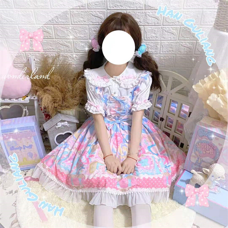 Sweet Lolita Jsk Cute Printing Kawaii Japanese Dress Bow Sleeveless Lace Ruffles Lace Girly Camisole Cosplay Dress