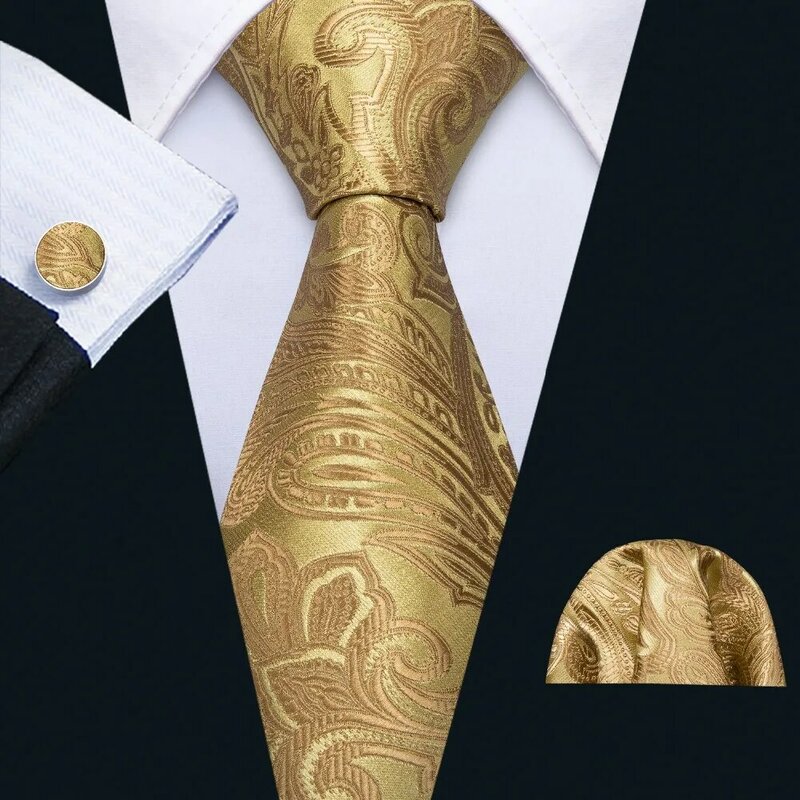 Gold Men Tie Paisley Silk Tie Pocket Square Gift Box Set Barry.Wang Luxury Designer Neck Tie For Men Male Gravat Wedding BB-5150