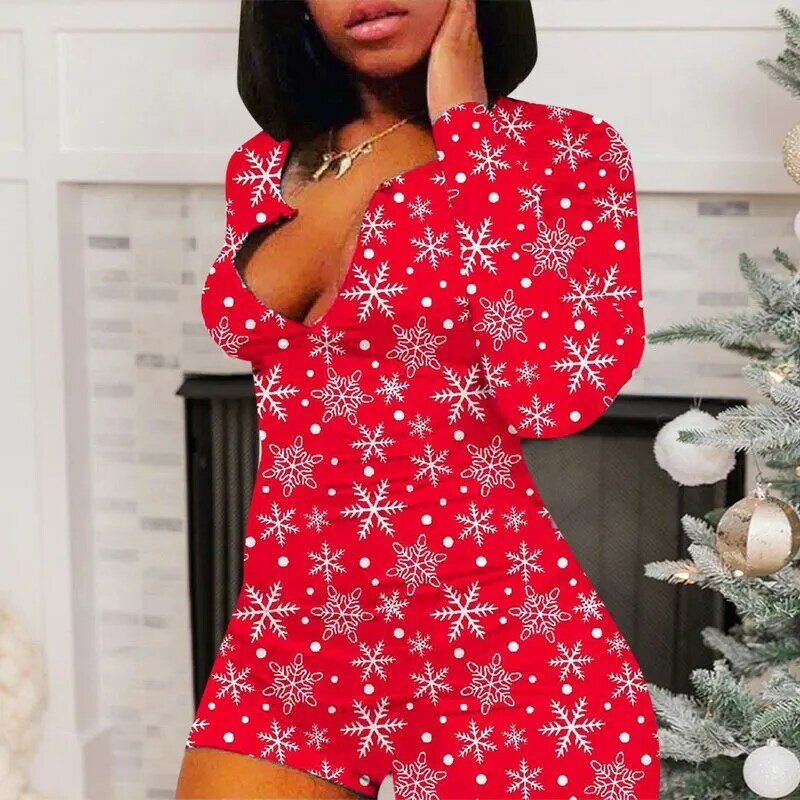 Wenyujh 2020 Sexy Vrouwen Rompertjes Kerst Print Pyjama Nachtkleding V-hals Lange Mouw Korte Jumpsuit Sexy Onesie Vrouwelijke Nachtkleding