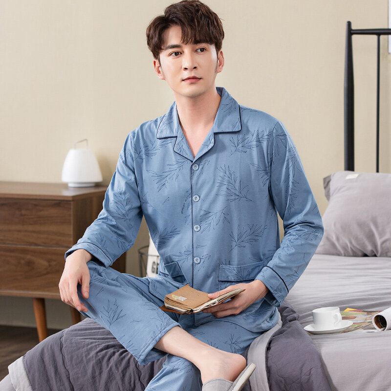 Impressão masculina pijamas manga longa algodão primavera e outono cardigan pijamas masculinos elegantes grandes jardas 4xl terno doméstico masculino juventude