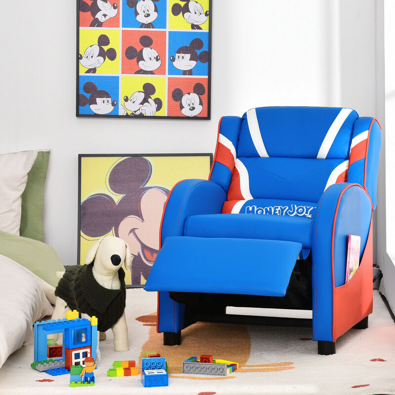 Costway-silla reclinable para niños, sillón de cuero sintético con bolsillos laterales, color azul/rosa, HW66976