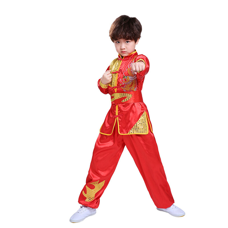 Dzieci chiński tradycyjny styl odzież zestaw cekiny haft smoka długa i krótka wydajność Tai Chi Kung Fu mundury
