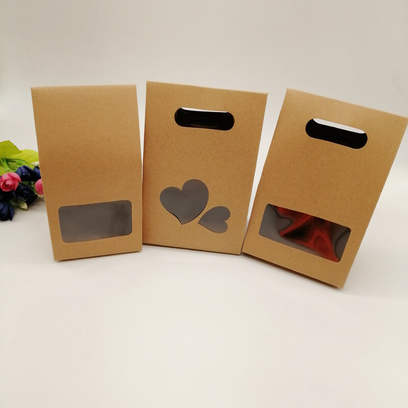 Bolsas de papel Kraft con forma de corazón para regalos, bolsa de almacenamiento de embalaje para alimentos, joyería de boda con asa, 100 Uds.