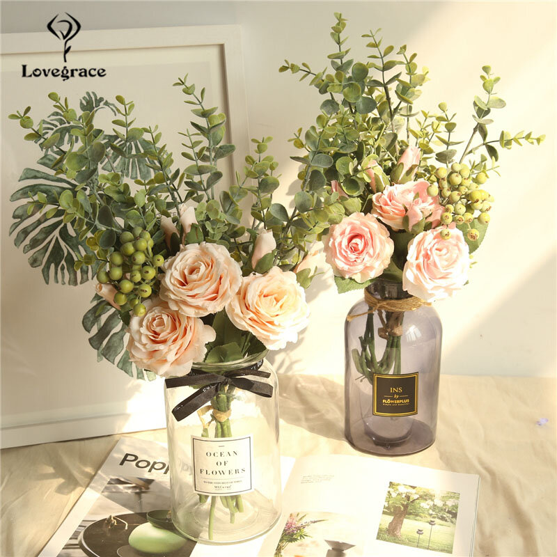 Lovegrace Bouquet เจ้าสาวดอกไม้งานแต่งงานเจ้าสาว Rose Eucalyptus ใบ Bouquet ดอกไม้ประดิษฐ์ดอกไม้ผ้าไหมตารางกลางอุปกรณ์เสริม