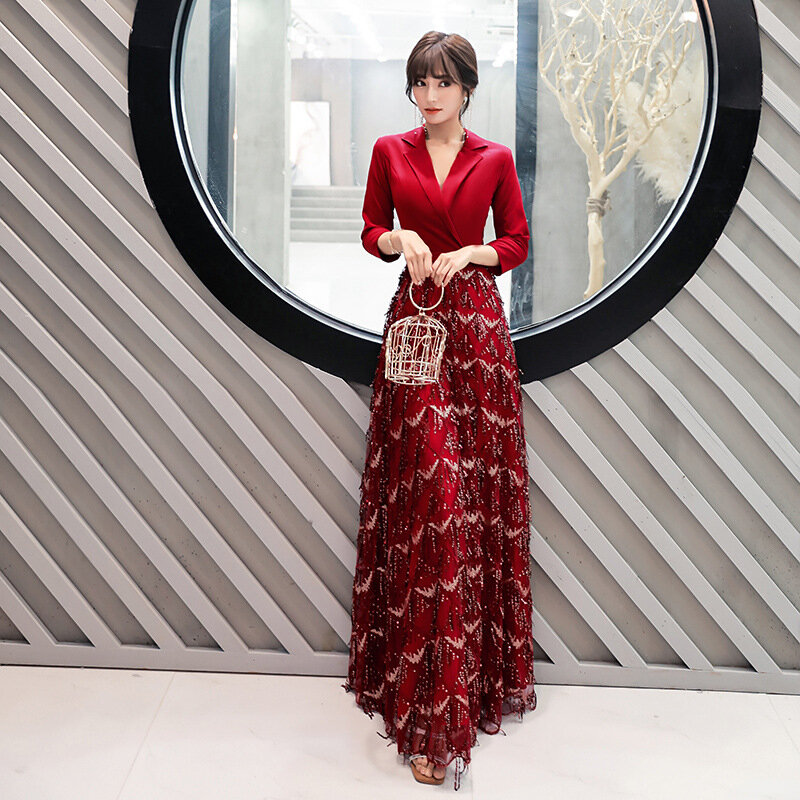 Burgund Sexy V-ausschnitt Orientalischen Party Weibliche Pailletten Bühne Zeigen Quaste Qipao Elegante Promi Abendkleid Bankett Kleider