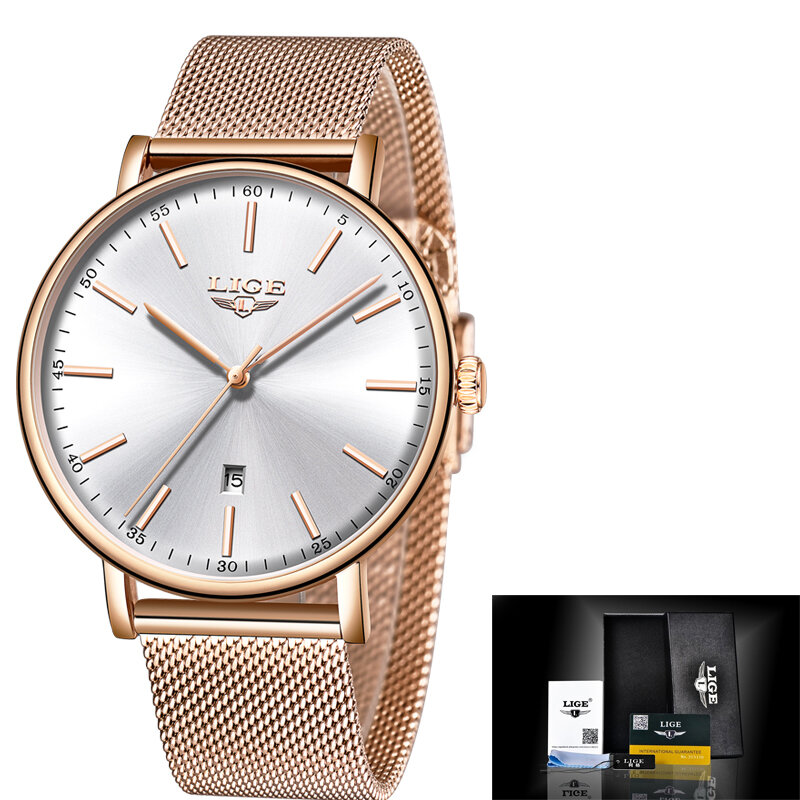 LIGE s 스테인리스 스틸 초박형 캐주얼 손목시계, 쿼츠 시계탑, 럭셔리 브랜드, 방수 시계, 여성 패션