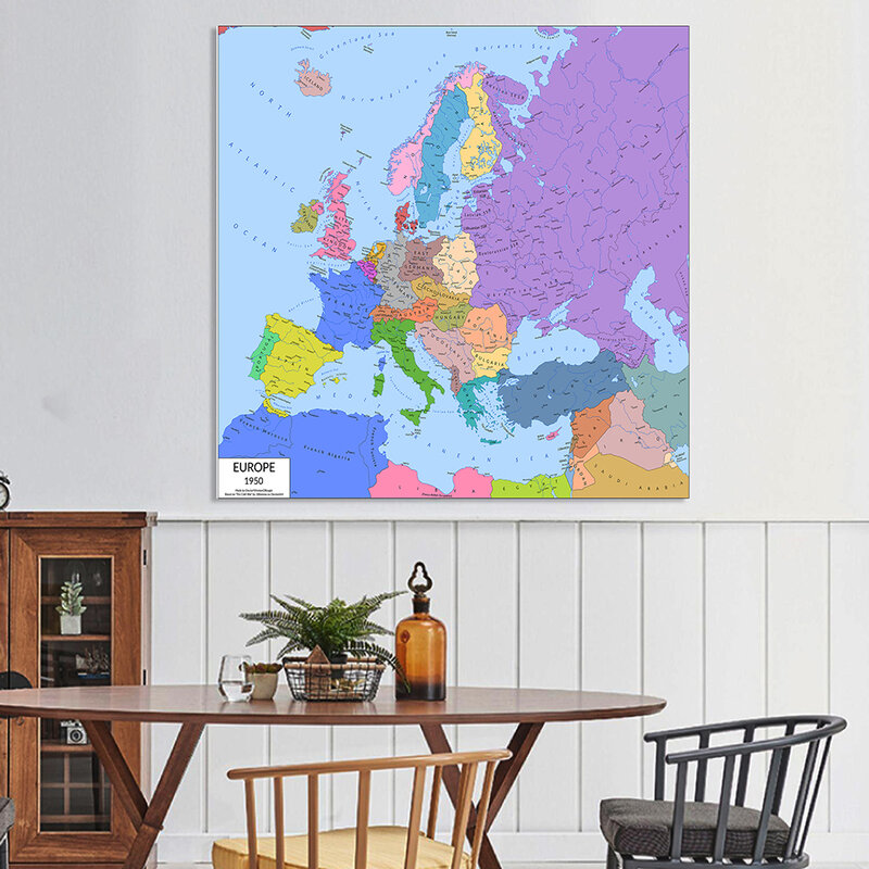 150*150cm Political Map of The Europe In 1950 Retro Wall Poster Vinyl Canvas Painting Classroom Home Decoration School Supplies