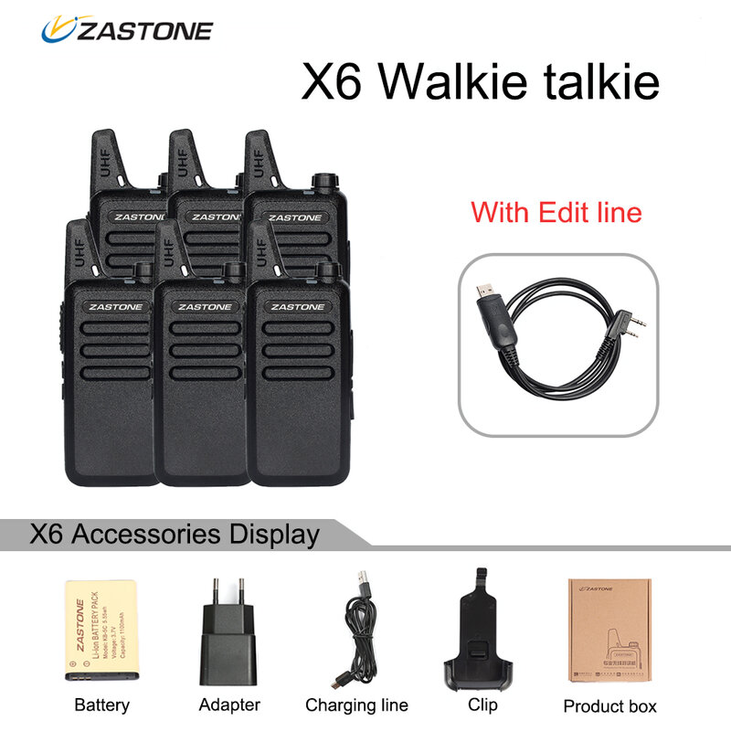 Zastone x6-mini walkie talkie portátil, 6 peças, 400-470, uhf, rádio comunicador de duas vias, rádio amador