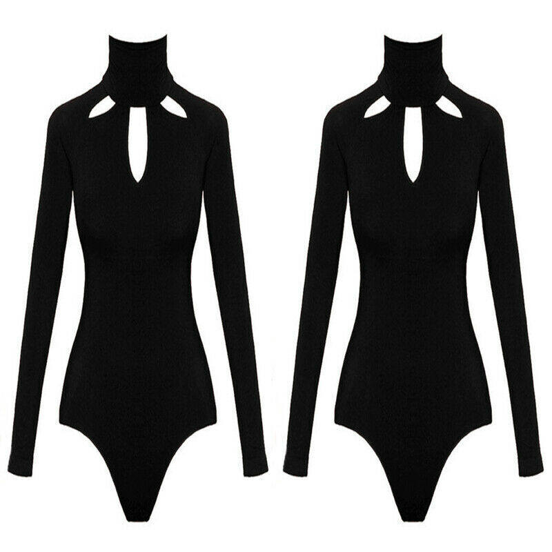 Elegante gola alta de malha bodysuit feminino preto manga comprida macacão feminino uma peça bodysuits para mulher outono roupas casuais