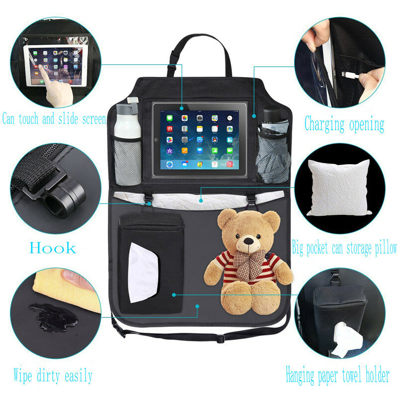 PU Leather Car Seat Back Organizer Cartoon Multi Pocket Snack Toys iPad Storage Bag Backseat Kick Protector Cover For Kid