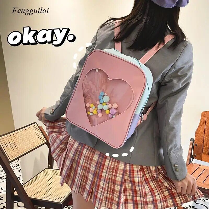 Японский маленький свежий и милый прозрачный школьный ранец Harajuku с надписью Love, милый женский рюкзак контрастных цветов