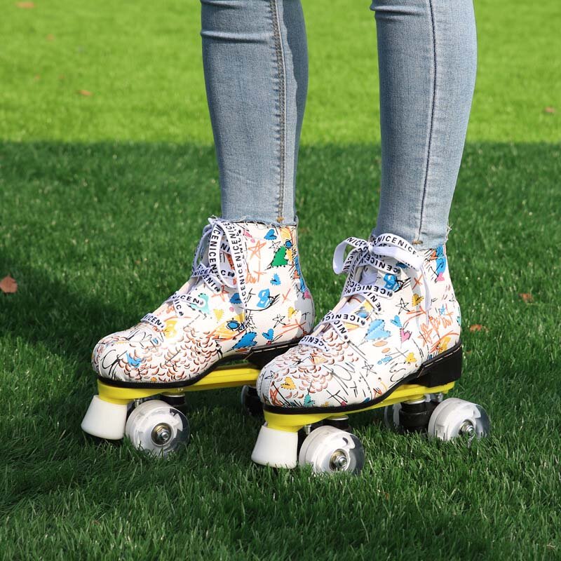 Microfiber Roller Skates Double Row Shoes Women Men Adult Two Line Skating Shoes with White PU 4 Wheels Training