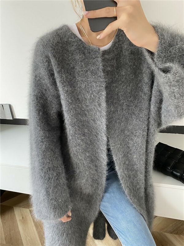 Suéter de lana de visón para mujer, abrigo largo suelto de pelo largo, talla grande, cárdigan con mangas largas, Otoño e Invierno