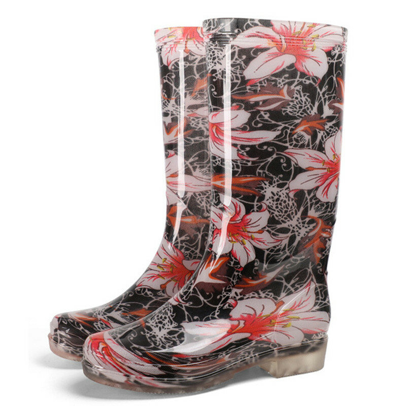 Rouroliu-Botas de lluvia altas con estampado para mujer, zapatos impermeables de PVC, antideslizantes, RB268