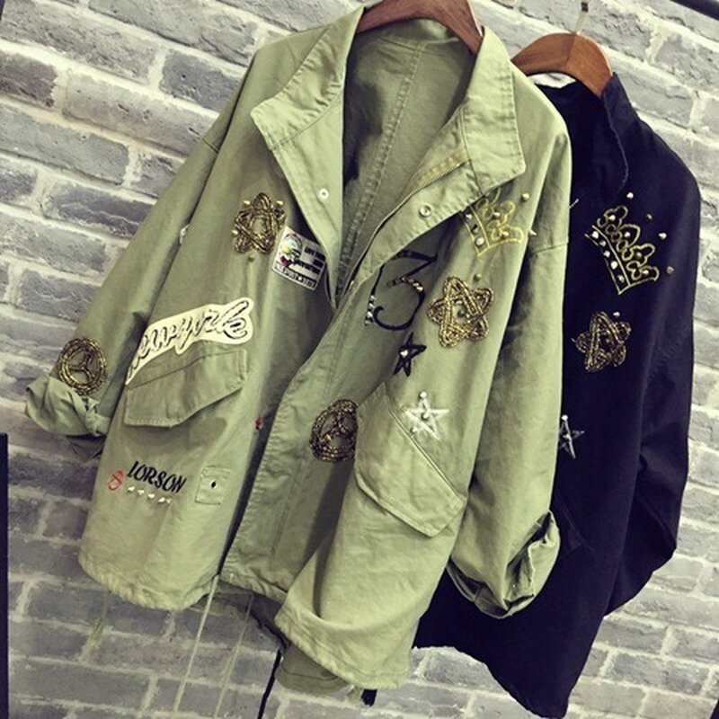 2023 kobiet bawełny kurtka płaszcz Casual kobiety Bomber Jacket haft aplikacja nity Oversize kobiety płaszcz armia zielona bawełna płaszcz