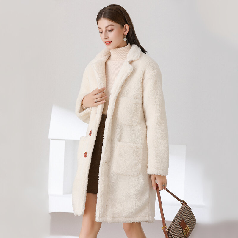 Abrigo de lana de cordero beige para mujer, de longitud media holgado Abrigo acolchado, abrigo cálido de algodón, talla grande, novedad de invierno 2020
