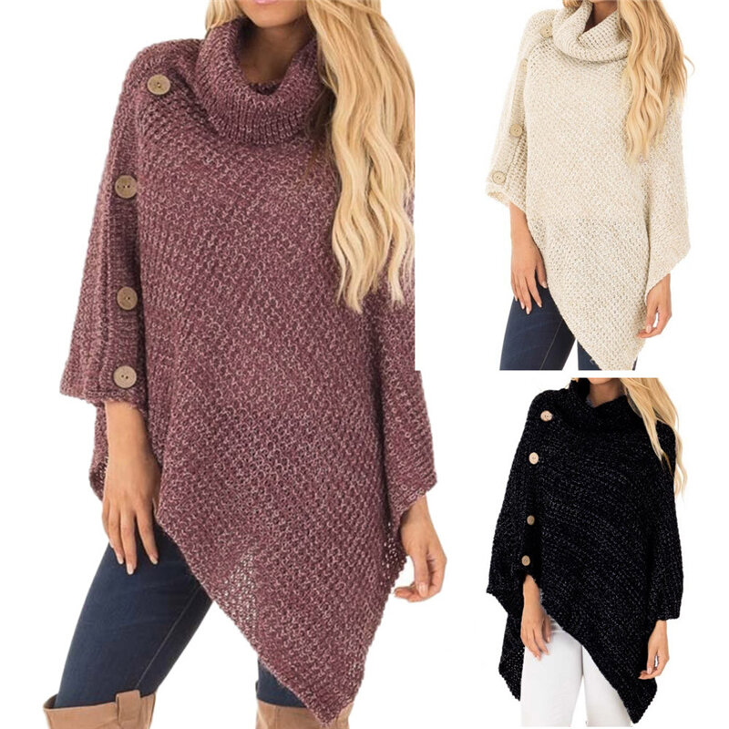 Sweater New Fashion Women  Knit Turtle Neck Sweaters Autumn Winter Button Irregular Hem Pullover Top Pull femme