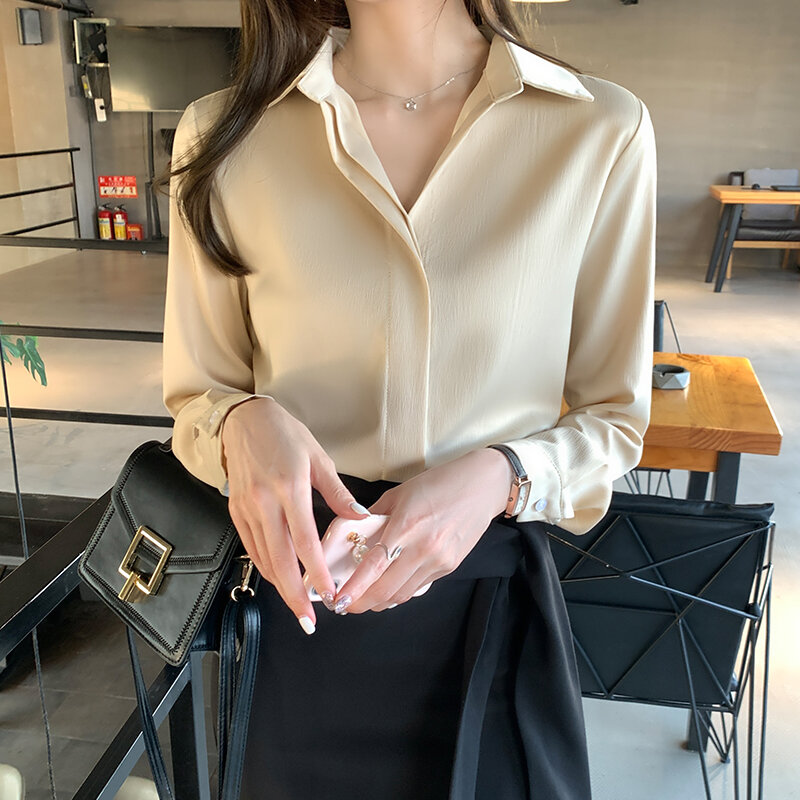 Office Lady camicetta donna primavera autunno top manica lunga bottone colletto rovesciato camicie di Chiffon abbigliamento donna camicetta Femme 2021