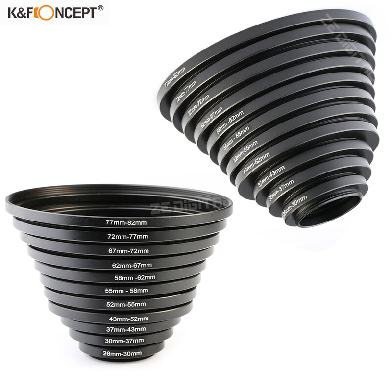 K&F Concept 11pcs 26 ~ 82mm DSLR Camera Metal Step Up Ring Lens Filter Stepping Adapter Kit Hot Sale free shipping