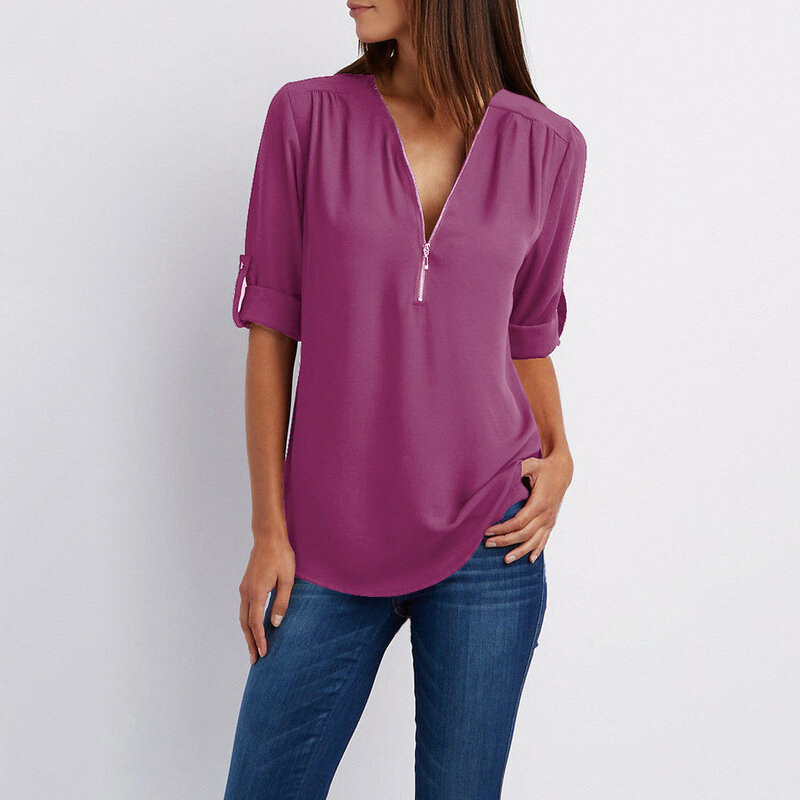 Fashion Solid Color Blouse Woman Zipper Neck Casual Purple White Pink Green Orange Blouses Tops Female Shirts Clothes